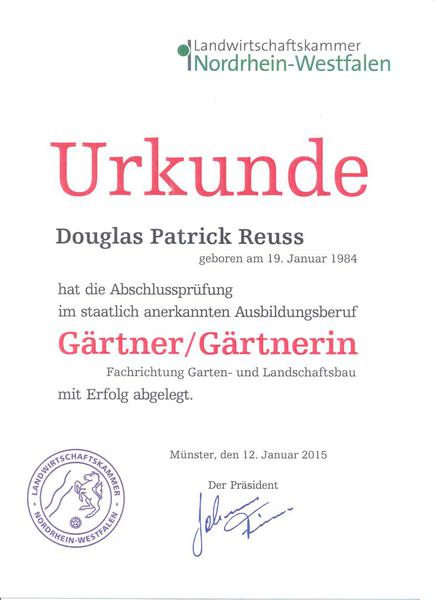 Urkunde Gärtner Garten- und Landschaftsbau, Landwirtschaftskammer NRW 12. Januar 2015