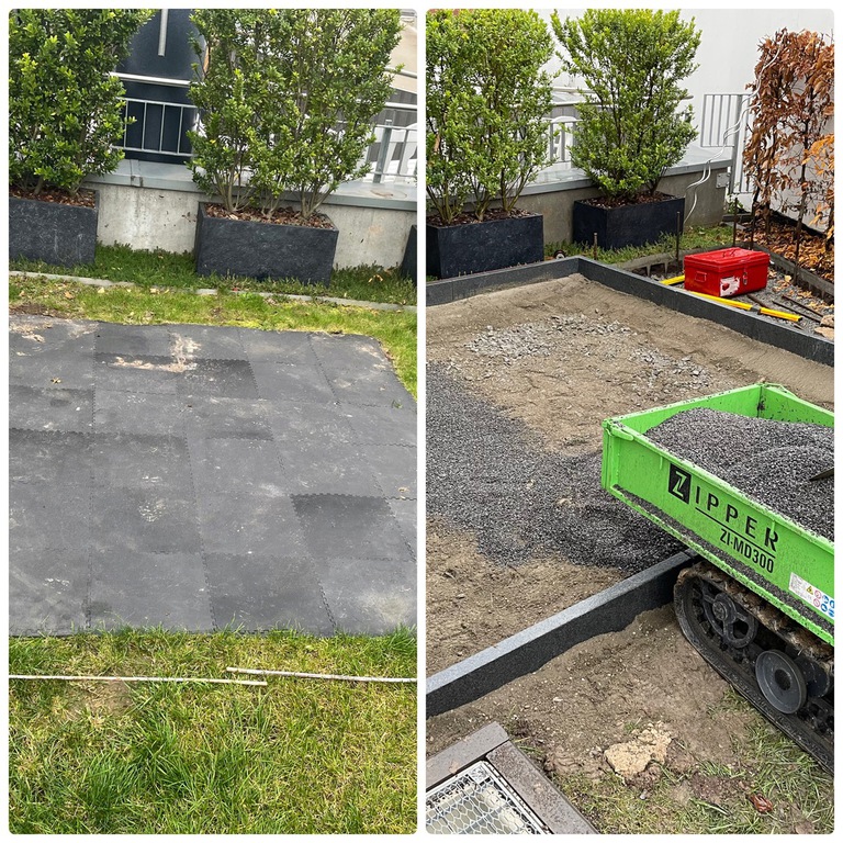 Pflasterfundament und Buchsbäume